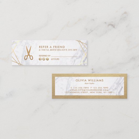 Geometrische goudschaar Marble Hair Stylist Refer Mini Visitekaartje (Voorkant / Achterkant)
