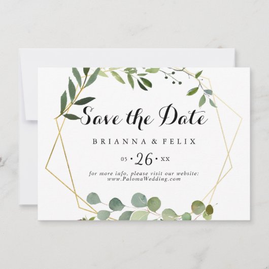 Geometrische goudtropisch groen horizontaal huweli save the date (Voorkant)