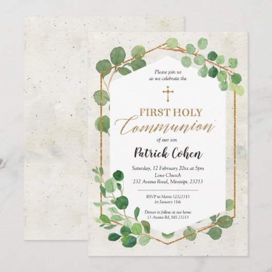 Geometrische Greenery Eucalyptus First Heilige Com Kaart (Voorkant / Achterkant)