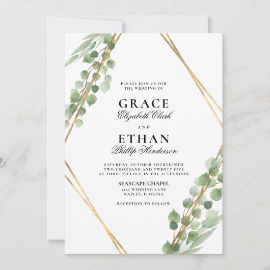 Geometrische Greenery Gold Lijst Eucalyptus Weddin Kaart (Voorkant)