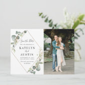 geometrische grienery trouwfoto save the date (Staand voorkant)