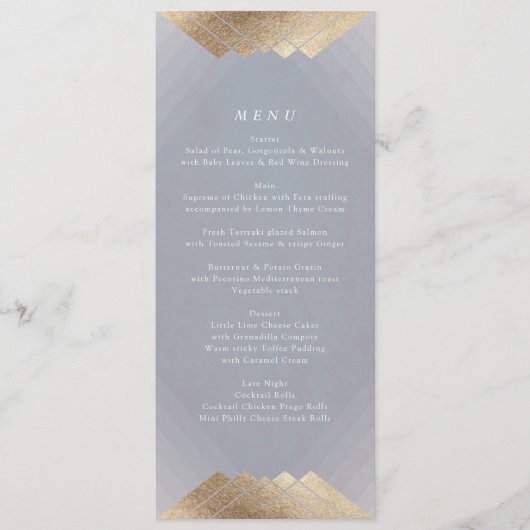 Geometrische grijze deco Gold Gatsby Wedding Menu (Voorkant)