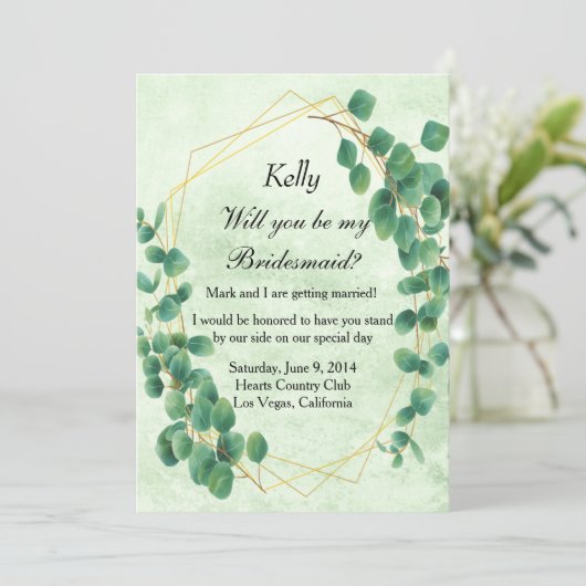 Geometrische groen Eucalyptus Leaves Bridesmaid Kaart (Staand voorkant)