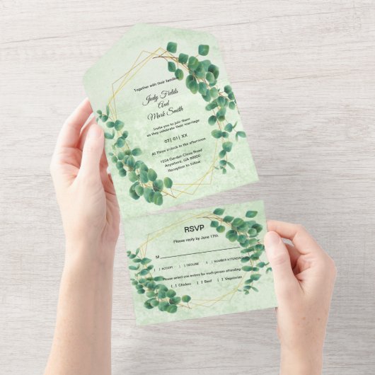 Geometrische groen Eucalyptus Leaves Wedding All In One Uitnodiging (Afscheurbaar)