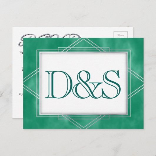 Geometrische groene Art Deco | Moderne RSVP-struct Uitnodiging Briefkaart (Voorkant / Achterkant)