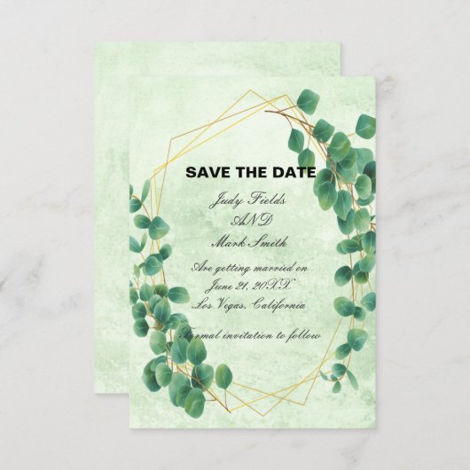 Geometrische groene Eucalyptus laat de datum op Informatiekaartje (Voorkant / Achterkant)