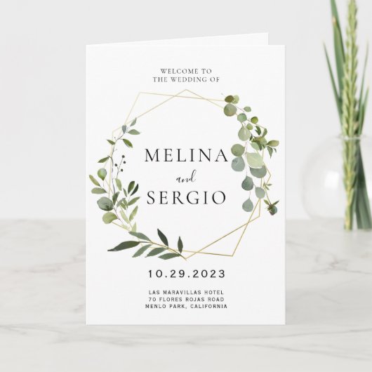 Geometrische groene Eucalyptus Leaves Folded Weddi Programma (Voorkant)