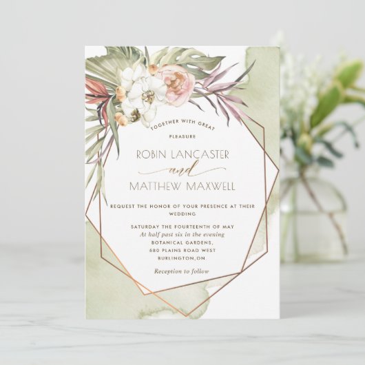 Geometrische Groene Tropische Bladeren Bruiloft Kaart (Staand voorkant)