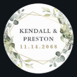 Geometrische groenery Modern Gold Succulent Weddin Ronde Sticker<br><div class="desc">Het ontwerp is voorzien van eucalyptus,  succulenten en groene elementen in stoffige paden en blauw/grijs met een bedrukt goudkleurig,  geometrisch terrariumgrens met lijst.</div>