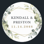 Geometrische groenery Modern Gold Succulent Weddin Ronde Sticker<br><div class="desc">Het ontwerp is voorzien van eucalyptus,  succulenten en groene elementen in stoffige paden en blauw/grijs met een bedrukt goudkleurig,  geometrisch terrariumgrens met lijst.</div>