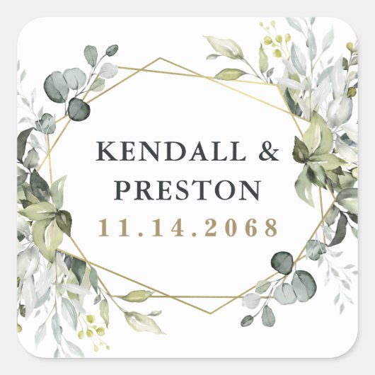 Geometrische groenery Modern Gold Succulent Weddin Vierkante Sticker (Voorkant)