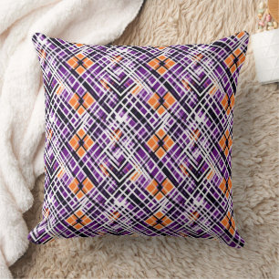 Geometrische Halloween Plaid - Paars, Oranje, Wit Kussen