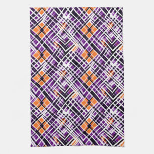 Geometrische Halloween Plaid - Paars, Oranje, Wit Theedoek