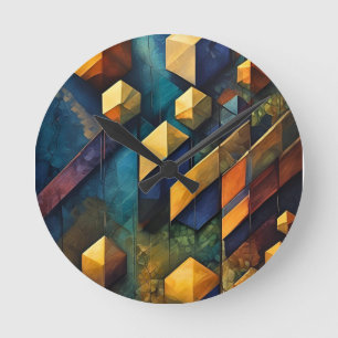 Geometrische Harmonie: Abstracte Kubussen in Goud  Ronde Klok