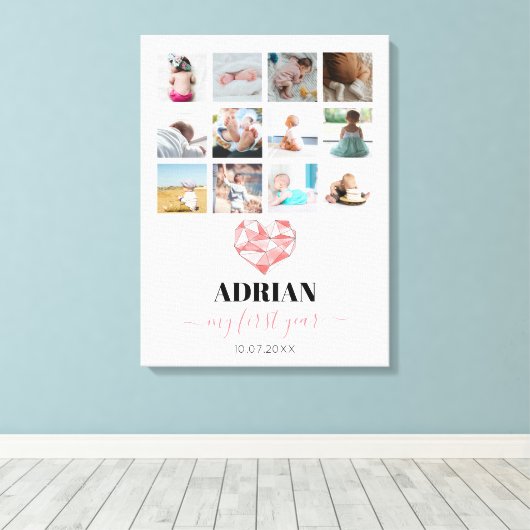 Geometrische hart baby's eerste jaar fotocollage canvas afdruk (Insitu (Houten vloer))