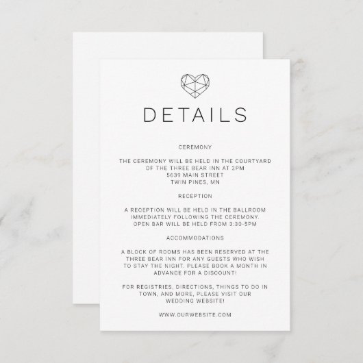 Geometrische Hart Huwelijksdetails Uitnodigingsinz Informatiekaartje (Voorkant / Achterkant)