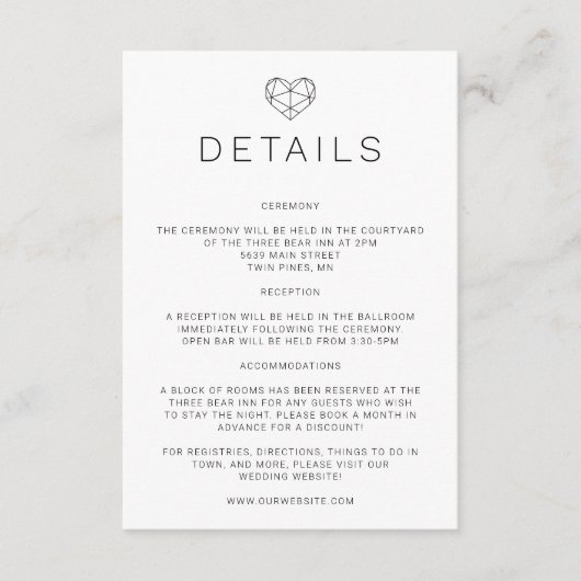 Geometrische Hart Huwelijksdetails Uitnodigingsinz Informatiekaartje (Voorkant)