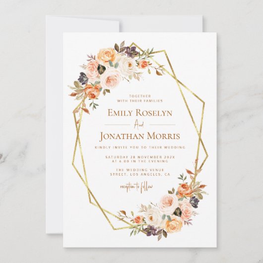 geometrische herfst florale aardtone bruiloft uitn kaart (Voorkant)