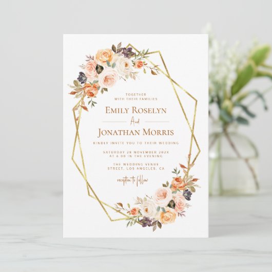 geometrische herfst florale aardtone bruiloft uitn kaart (Staand voorkant)