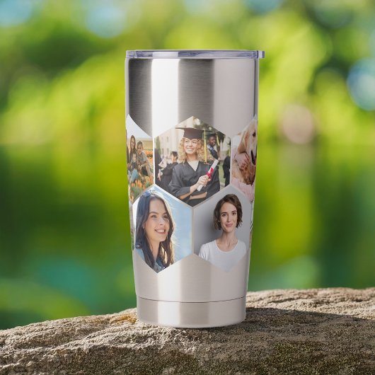 Geometrische hexagon patroon fotocollage geïsoleerde drinkbeker