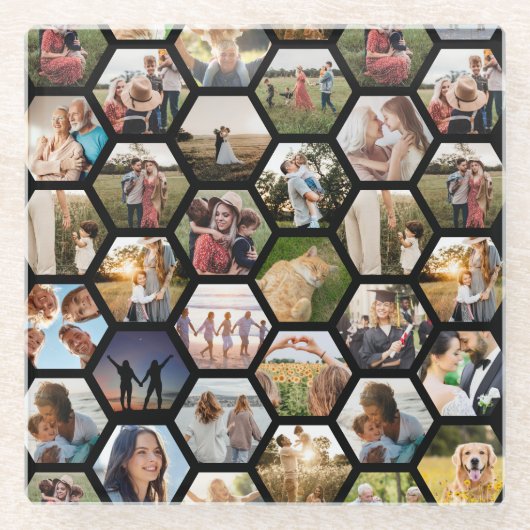 Geometrische hexagon patroon fotocollage glazen onderzetter (Voorkant)