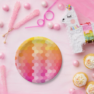 Geometrische Hexagon Roze & Geel Papier Borden Papieren Bordje