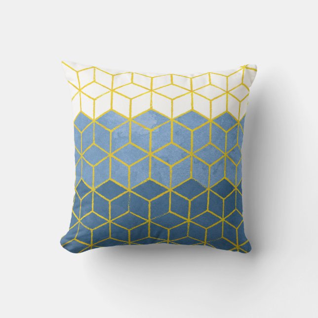 Geometrische hexagons Blue en Gold Kussen (Voorkant)