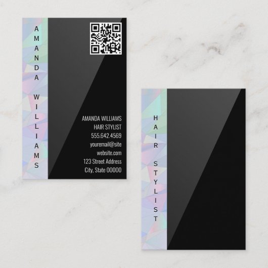 Geometrische holografisch | Zwarte Slank | QR-code Visitekaartje (Voorkant / Achterkant)
