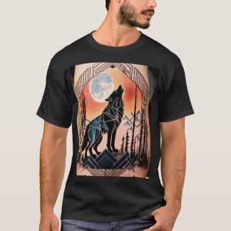 Geometrische Howling Wolf Tattoo met nachtlandscha T-shirt