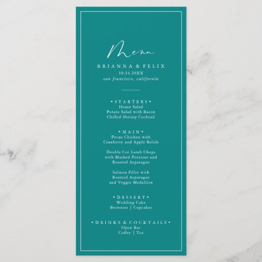 Geometrische Idyllische Blauwgroen kalligrafie Menu (Voorkant)