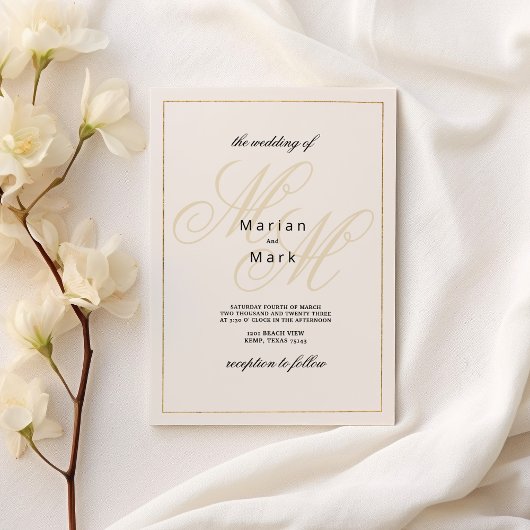 Geometrische ivoor gouden monogram initialen bruil kaart