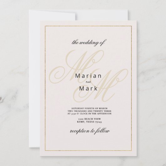 Geometrische ivoor gouden monogram initialen bruil kaart (Voorkant)