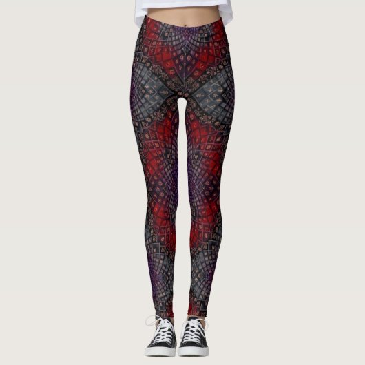 Geometrische karmozijnrode mandala leggings (Voorkant)