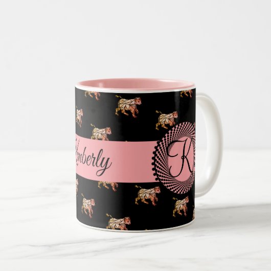 Geometrische kat op een zwarte achtergrond tweekleurige koffiemok (Voorkant rechts)