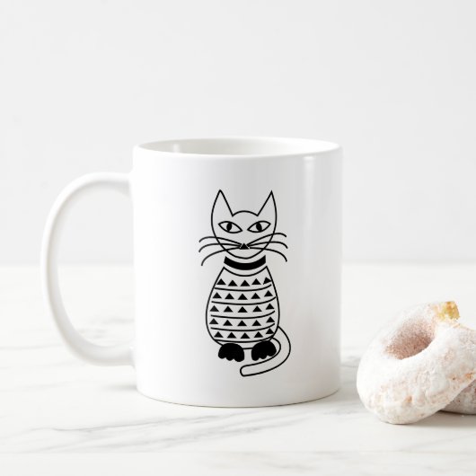 Geometrische Kat Zwart en Wit  Koffiemok (Met donut)