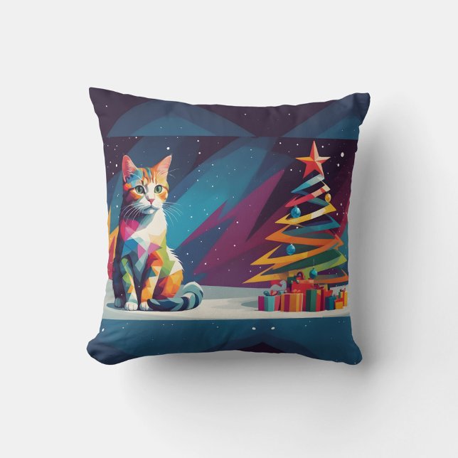 Geometrische Katten Kerstkussen Kussen (“Add a pop of color and holiday cheer with this geometric cat pillow!”)