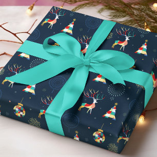 Geometrische Kerstbomen Rendier Ballen Cadeaupapier