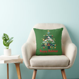 Geometrische Kerstboom met Gouden Sterren Kussen