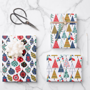 Geometrische kerstpatroonset van Modern Retro 3 Inpakpapier Vel