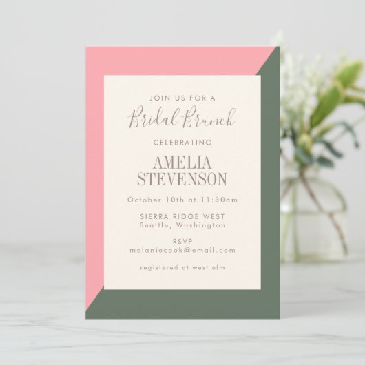 Geometrische kleur Blok Roze Groene Bridal Brunch Kaart (Staand voorkant)