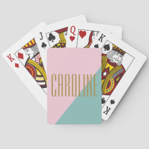 Geometrische Kleurblok Roze Teal Persoonlijke Naam Pokerkaarten