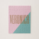 Geometrische kleurenblok Roze Blauwgroen, geperson Legpuzzel<br><div class="desc">moderne Abstracte geometrische kleurenblok Persoonlijke naam puzzel</div>