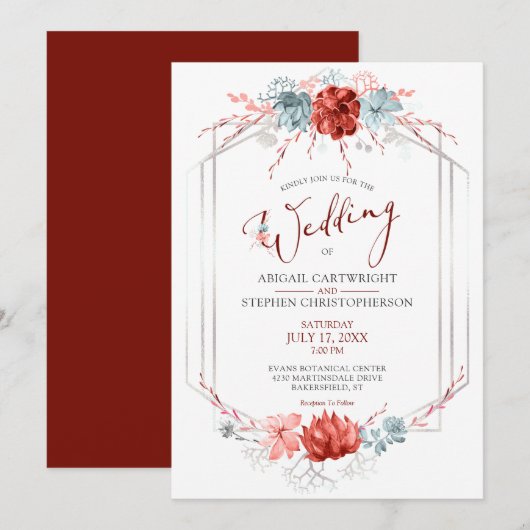 Geometrische koraal bloemensucculent bruiloft kaart (Voorkant / Achterkant)