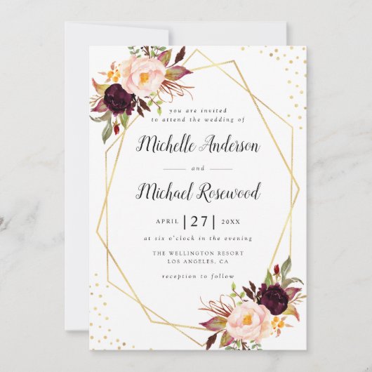 Geometrische krans bordeaux blos bloemenbruiloft kaart (Voorkant)