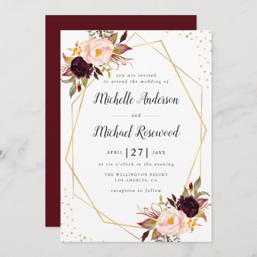 Geometrische krans bordeaux blos bloemenbruiloft kaart (Voorkant / Achterkant)