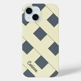 Geometrische kruisende pastelgele lijnen met naam iPhone 15 case
