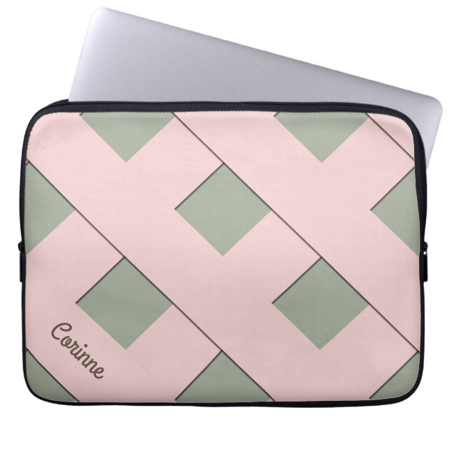 Geometrische kruisingspastel Roze lijnen met naam Laptop Sleeve (Voorkant)