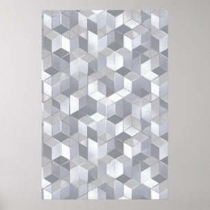 Geometrische Kubus Grijs Zilver Abstract Patroon Poster
