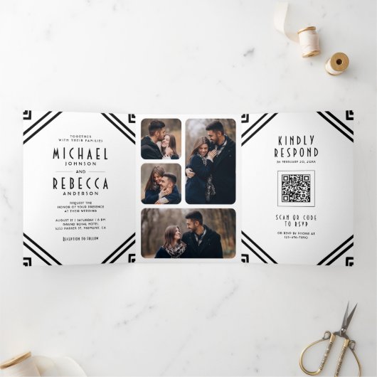 Geometrische kunst Deco Black en White QR Code Wed Drieluik Uitnodiging (Binnen)