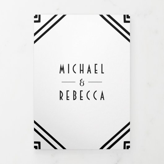 Geometrische kunst Deco Black en White QR Code Wed Drieluik Uitnodiging (Cover)